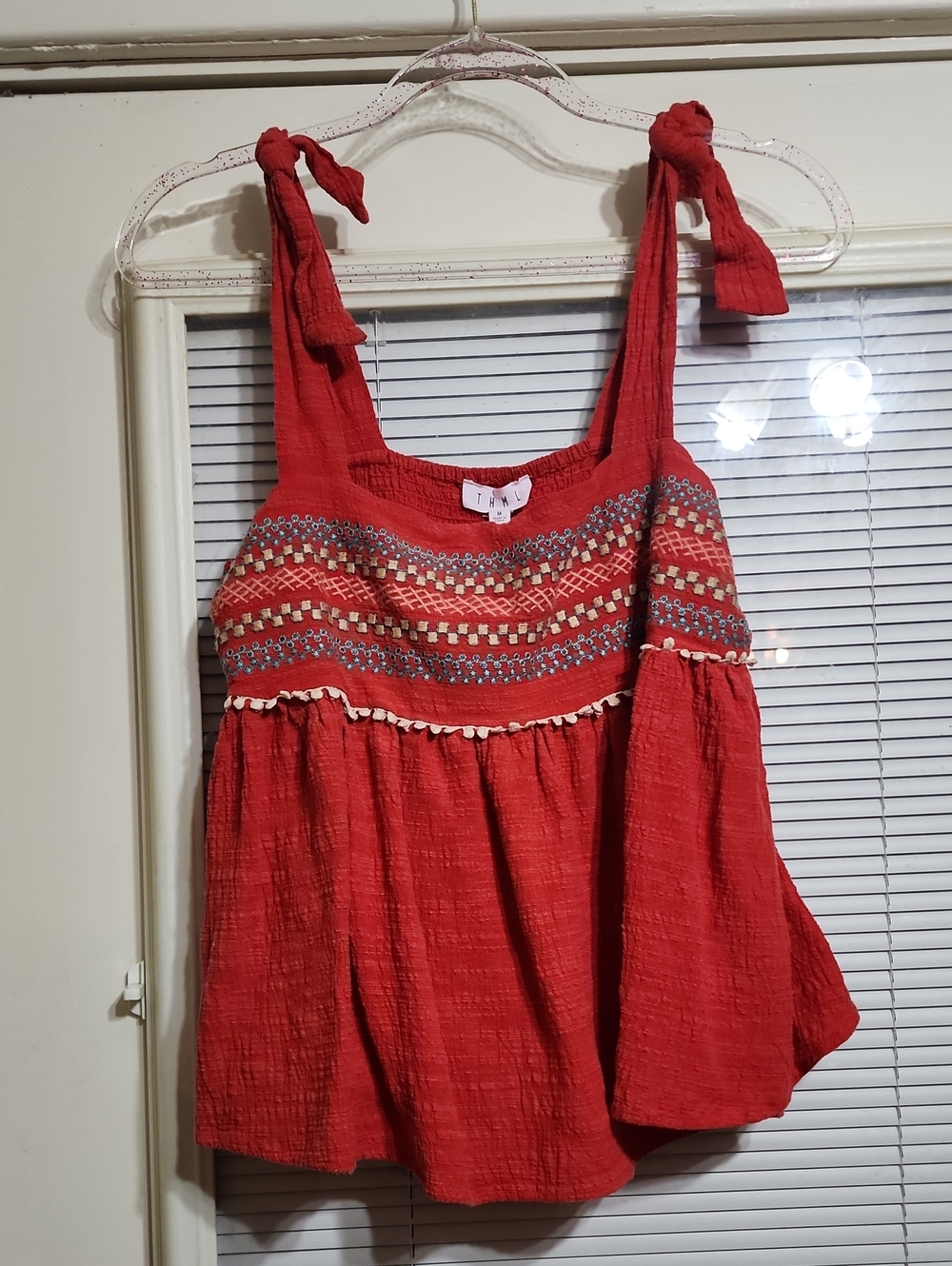THML Red Embroidered Tie-Shoulder Camisole